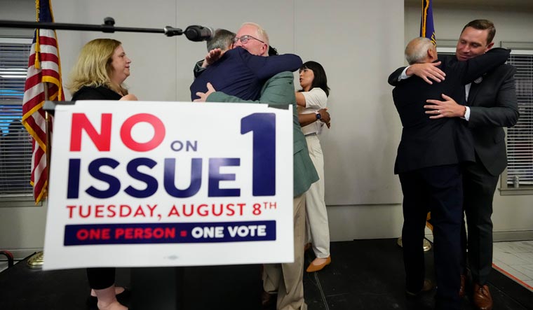 Organizers celebrate the defeat of Issue 1 during an election night party at the Columbus Fire Fighters Local 67 on Tuesday, Aug. 8, 2023 in Columbus, Ohio | AP
