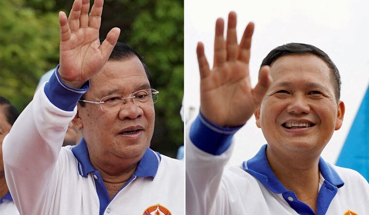 Cambodia's Prime Minister Hun Sen and his son Hun Manet during election campaign rallies in Phnom Penh, Cambodia, July 1, 2023 and July 21, 2023 respectively | Reuters