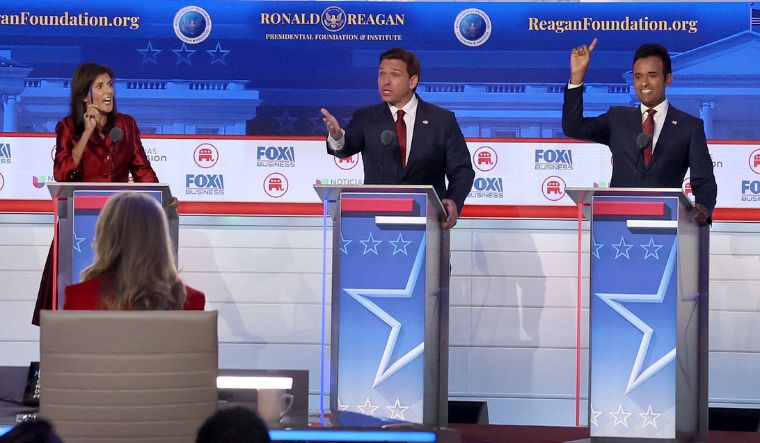 Former UN Ambassador Nikki Haley, Florida Governor Ron DeSantis and Vivek Ramaswamy participate in the FOX Business Republican Primary Debate at the Ronald Reagan Presidential Library | AFP