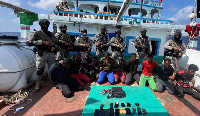 The image released by Indian Navy showing the pirates onboard the hijacked fishing vessel | ANI