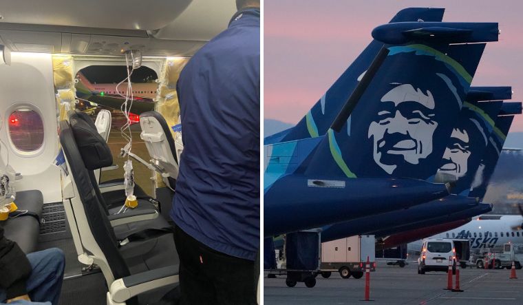 Passenger oxygen masks hang from the roof next to a missing window and a portion of a side wall of an Alaska Airlines Flight 1282 and suffered depressurization soon after departing, in Portland, Oregon, U.S, January 5, 2024 | Reuters/AP