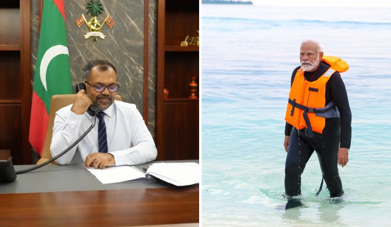 Maldives foreign minister Moosa Zameer. (Right) Prime Minister Narendra Modi 