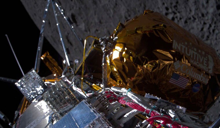 Intuitive Machines' Odysseus spacecraft passes over the near side of the Moon following lunar orbit insertion on February 21, 2024, in this handout image released February 22, 2024.    Intuitive Machines/Handout via REUTERS    THIS IMAGE HAS BEEN SUPPLIED BY A THIRD PARTY. NO RESALES. NO ARCHIVES. MANDATORY CREDIT