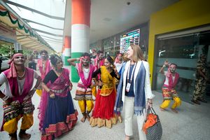 U.S. Assistant Secretary of State for Educational and Cultural Affairs Lee Satterfield greet Indian folk artists on arrival for the 4th G20 Culture Working Group (CWG) Meeting in Varanasi | AP