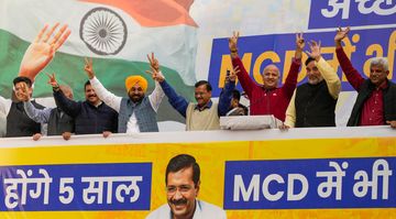 Delhi Chief Minister Arvind Kejriwal (fourth from right) and other AAP leaders after the recent victory in Delhi’s local elections | PTI