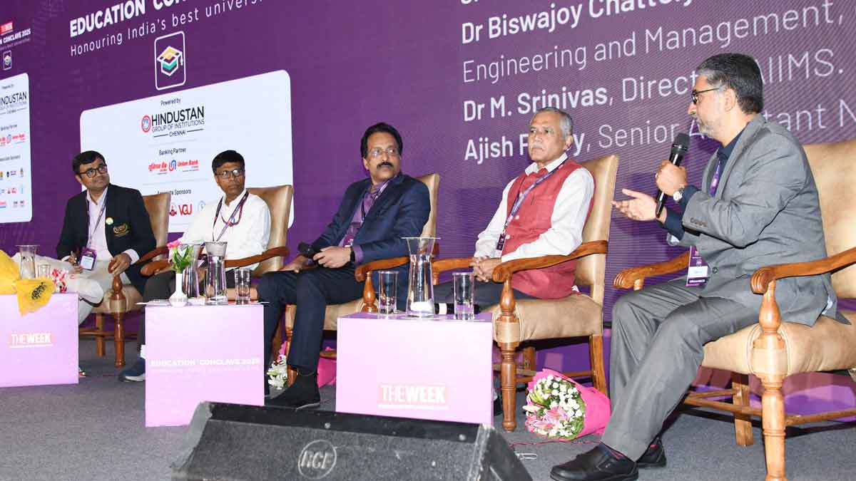THE WEEK Senior Assistant News Editor Ajish P. Joy in conversation with Prof. John Varghese, Prinipal Sr Stephen's College, S. Somanath, former ISRO chairman, Dr Biswajoy Chatterjee, Vice Chancellor, University of Engineering and Management, Jaipur, and Dr M. Srinivas. Director AIIMS, at THE WEEK Education Conclave | Sanjay Ahlawat