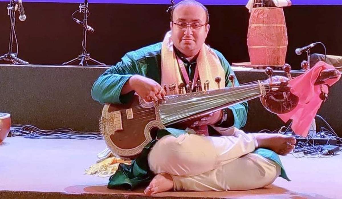 Joydeep Mukherjee playing Mohan veena at the G20 Leaders' Summit at Bharat Mandapam in New Delhi in September 2023 