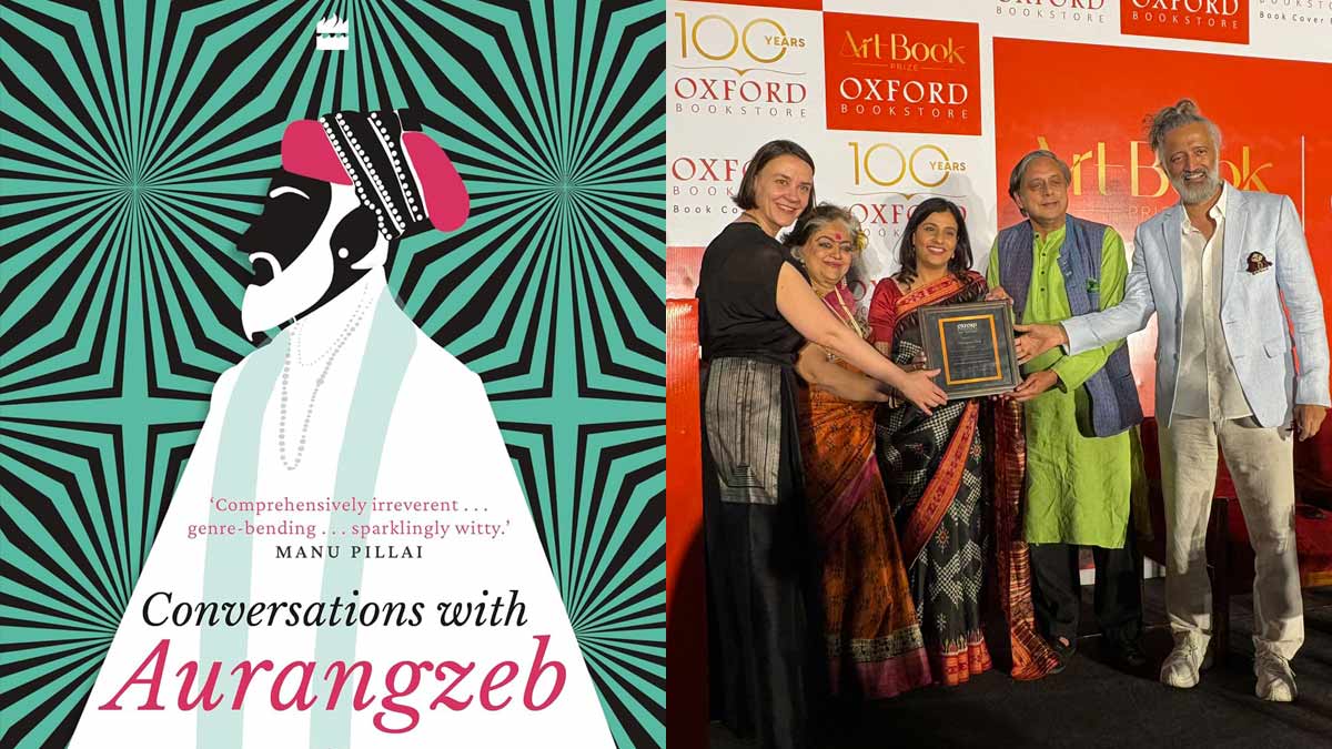 (L) 'Conversations with Aurangzeb' book cover, (R) Designer Devangana Dash receiving the 10th Oxford Bookstore Book Cover Prize award | X