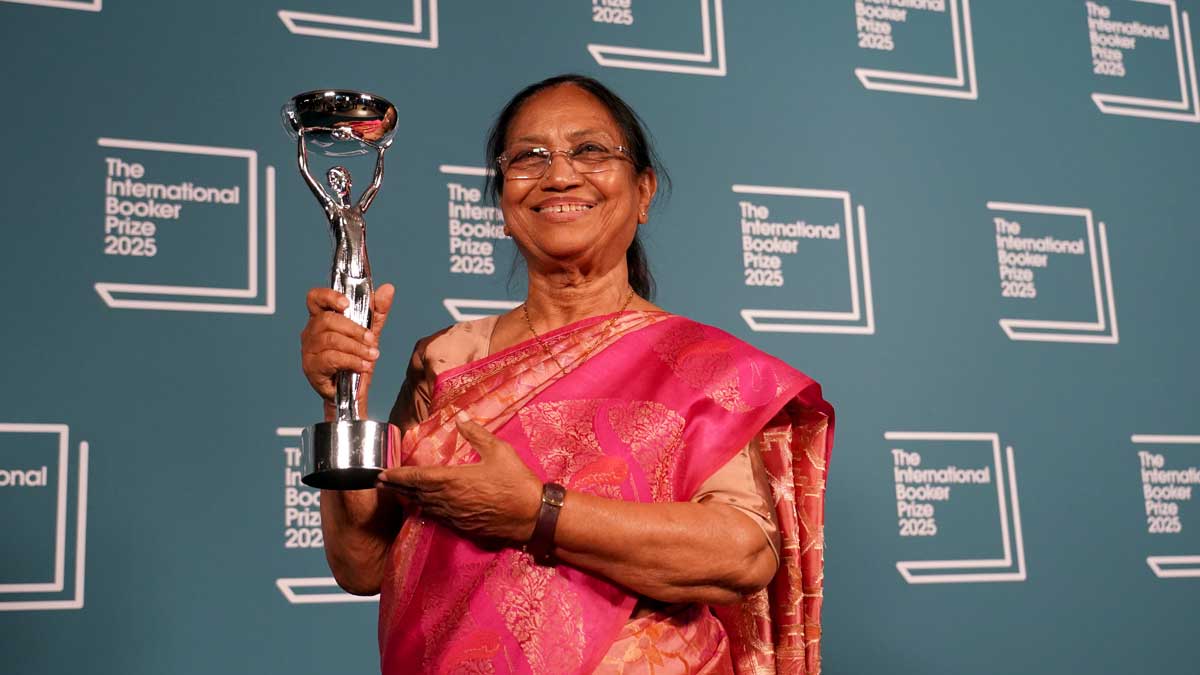 Banu Mushtaq, author of 'Heart Lamp' holds the trophy after winning the International Booker Prize, in London | AP