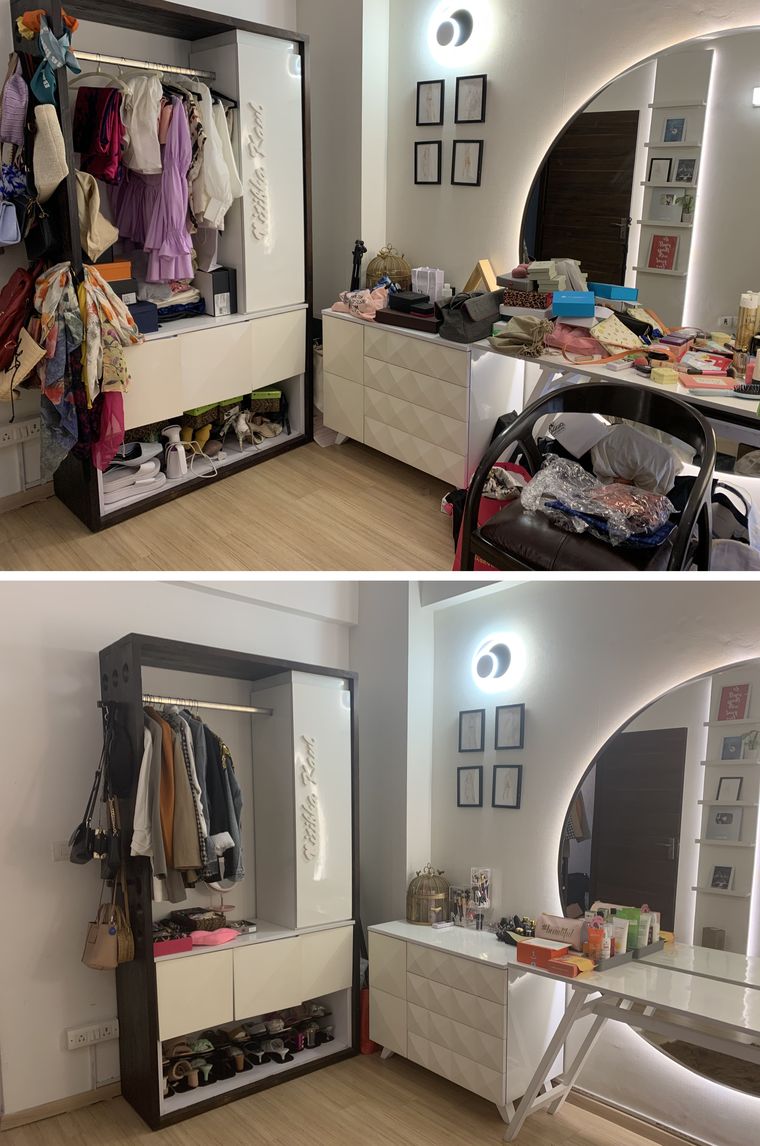 All tidied up: Before and after photos of a room decluttered by Gandhi.
