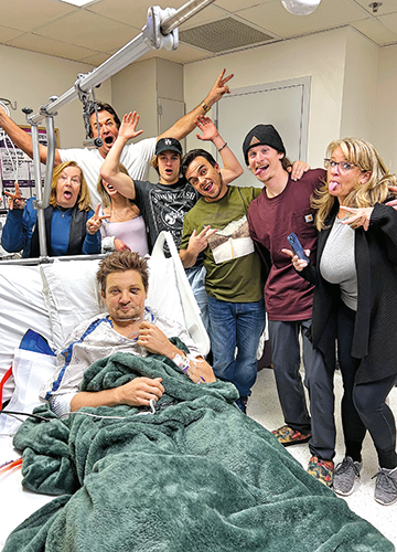Healing in progress: Jeremy Renner with friends and family at the hospital during recovery.