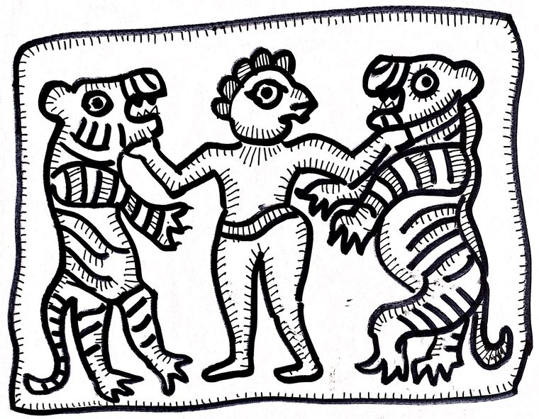 Another seal showing a woman separating two tigers | Illustrations: Devdutt Pattanaik