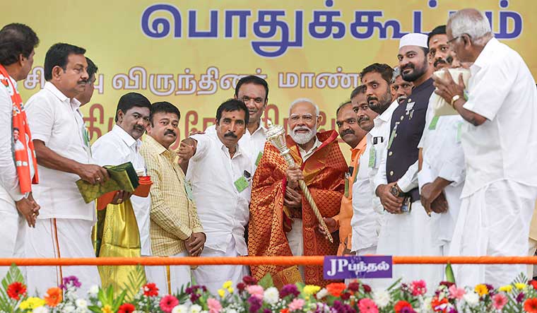 Spreading saffron: Prime Minister Modi at a public meeting in Vellore, Tamil Nadu | PTI