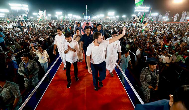 Winning combination: Telangana Chief Minister A. Revanth Reddy with Congress leaders Rahul Gandhi  and K.C. Venugopal (left) at a public meeting ahead of the Lok Sabha polls | PTI