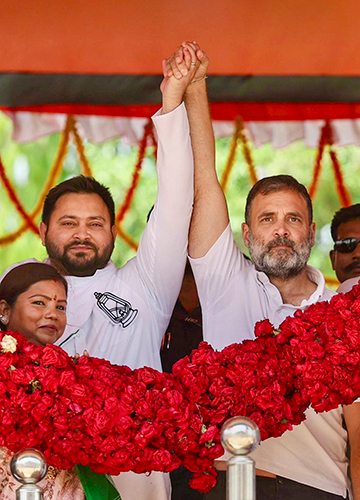 Stronger together: Rahul Gandhi and Tejashwi Yadav at an election campaign rally | PTI