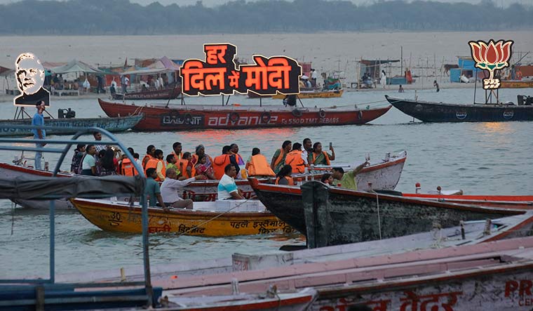 Pervasive presence: Narendra Modi’s campaign signs on the banks of the Ganga in Varanasi | Pawan Kumar
