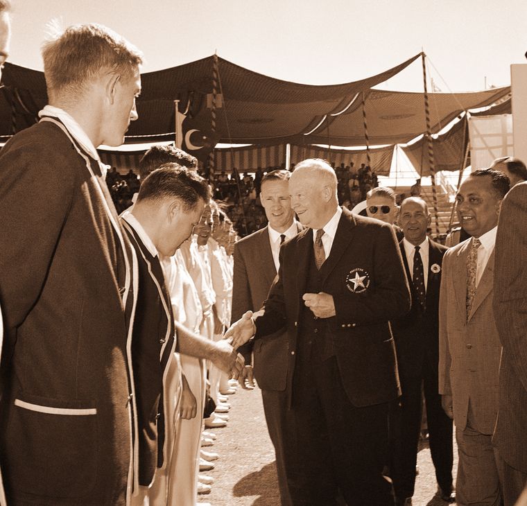 Ike on strike: President Dwight Eisenhower shakes hands with Australian cricket team members in Karachi in 1959 | AP