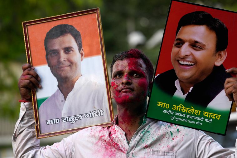 INDIA shining: A Samajwadi Party supporter with portraits of Rahul Gandhi and Akhilesh Yadav | AP