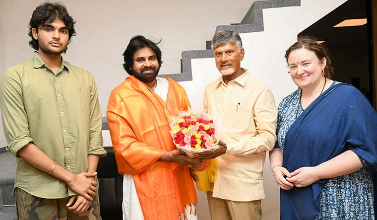 Stronger together: Pawan Kalyan, wife Anna Lezhneva and son Akira Nandan with N. Chandrababu Naidu | PTI