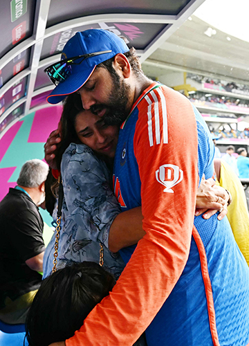 Pillar of strength: Rohit with his wife, Ritika, after the final of the 2024 T20 World Cup | AFP