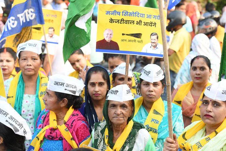 Fighting spirit: AAP supporters at a rally after Sisodia's release | Sanjay Ahlawat