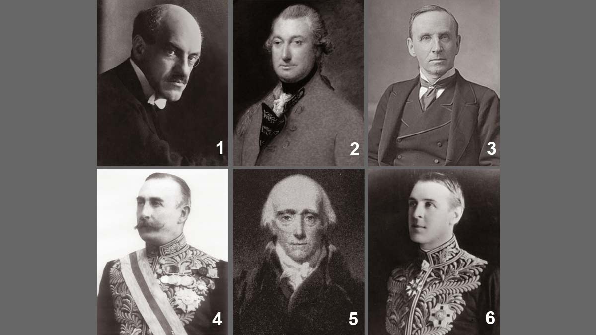 1. Edwin Samuel Montagu, 2. Lord Cornwallis, 3. John Morley, 4. Lord Minto, 5. Warren Hastings, 6. Lord Chelmsford