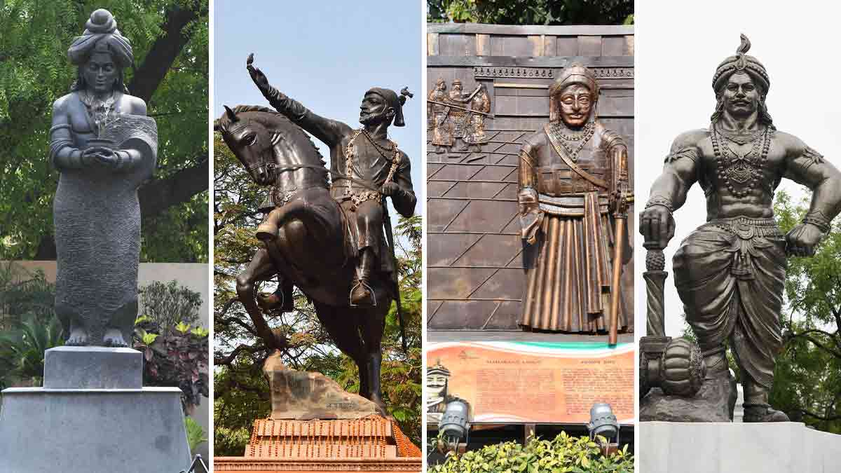 Poll of pedestals: (From left) Statues of Emperor Ashoka, Chhatrapati Shivaji, Maharana Sanga and Jarasandha | Sanjay Ahlawat, PTI, Shutterstock, Sanjay Ahlawat