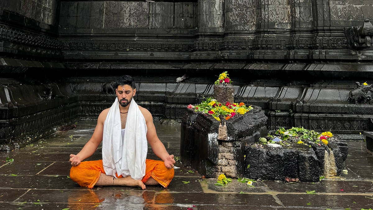 Larger than life: Jatin Bhardwaj, actor-turned yoga guru, at the Trimbakeshwar temple in Maharashtra.