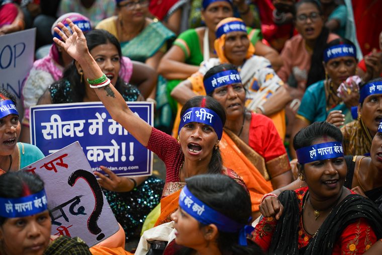 Toxic work: Safai Karmachari Andolan workers during their ‘Stop Killing Us’ campaign at Jantar Mantar in August 2023 | Getty Images