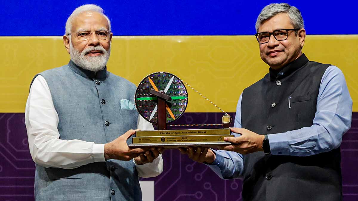 Charkha to chips: Prime Minister Narendra Modi with Union Minister Ashwini Vaishnaw during the inauguration of Semicon India in Gandhinagar in July 2023 | PTI