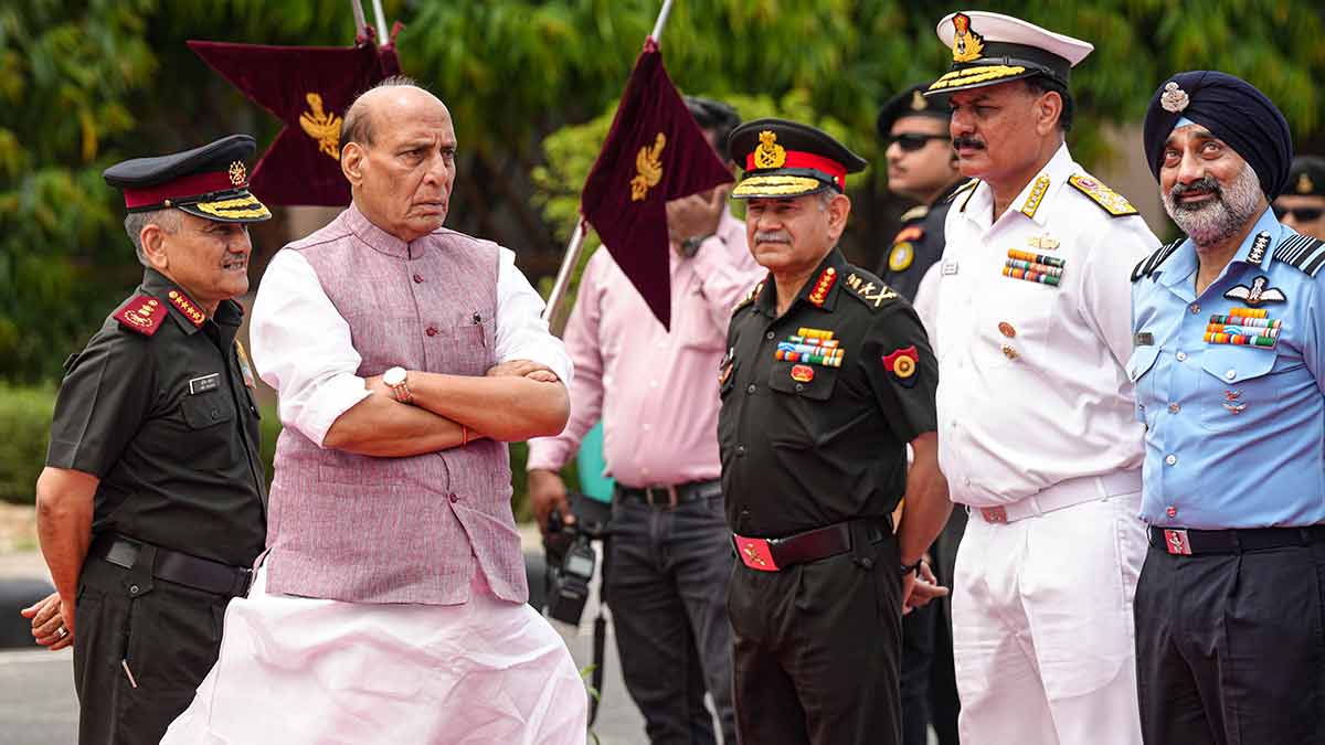 Team spirit: Rajnath Singh with (from left) CDS General Anil Chauhan, Army Chief General Upendra Dwivedi, Navy Chief Admiral Dinesh K. Tripathi and Air Force Chief Air Chief Marshal A.P. Singh | PTI