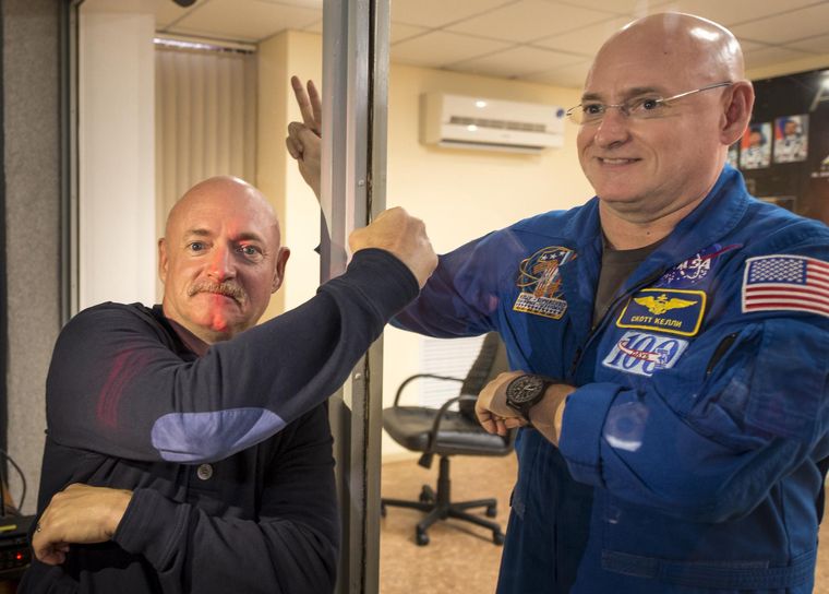 Brotherhood code: American astronauts and identical twins Mark (left) and Scott Kelly at the Cosmonaut Hotel in Baikonur, Kazakhstan | NASA