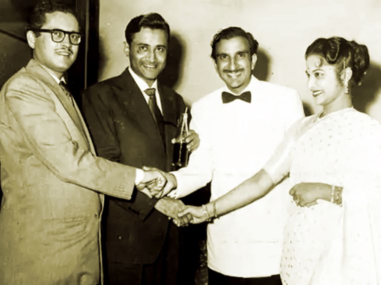 Fab four: (From left) Dutt, actor Dev Anand, director Raj Khosla and actor Waheeda Rehman after the success of C.I.D., which was produced by Dutt | Courtesy Thank you, Guru Dutt! by Lata Jagtiani