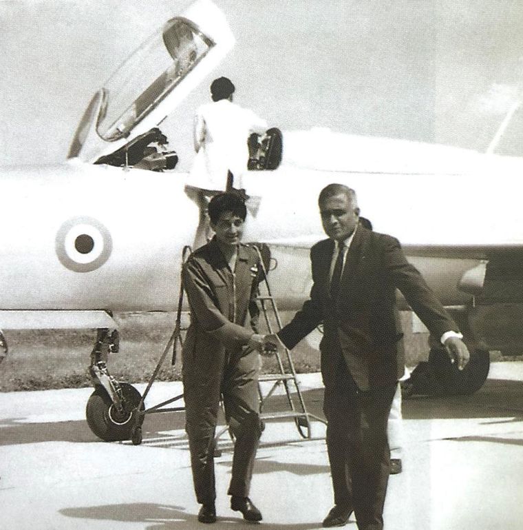 Celebrating success: Air Commodore M. Bhaskaran, who played a crucial role in making MiGs in India, greeting Squadron Leader Brajesh Dhar Jayal, one of the first six Indian pilots who flew the legendary plane, after a test flight.