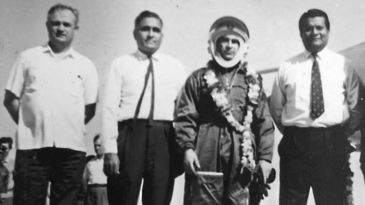Soaring ambition: M. Bhaskaran (second from left) with a Russian test pilot at Ozar in Nasik, during his deputation to HAL for MiG manufacturing.