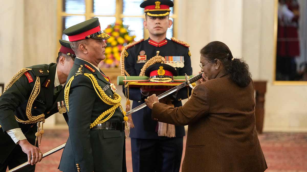 Sword of strategy: President Droupadi Murmu confers the honorary rank of General of the Indian Army to Nepal’s Chief of Army Staff General Ashok Raj Sigdel at Rashtrapati Bhavan in New Delhi in December 2024 | PTI