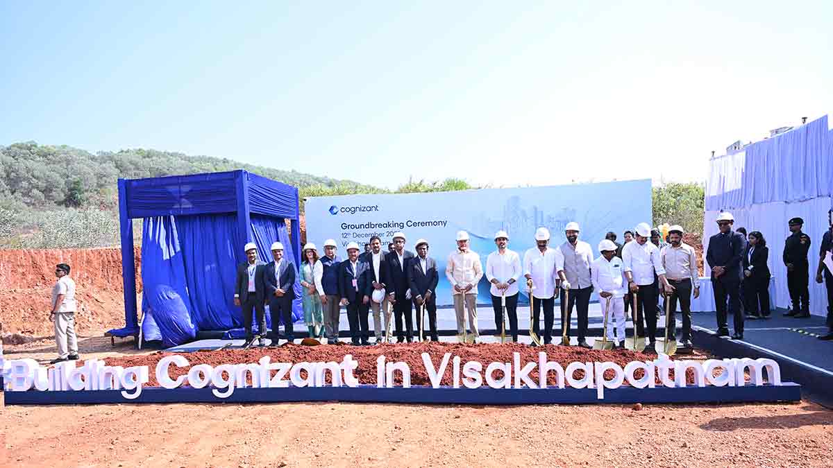 From the ground up: Cognizant CEO Ravi Kumar S. (eighth from left) 
with Chandrababu Naidu (to his left) and Nara Lokesh (to Naidu’s left) at the groundbreaking ceremony of the new Cognizant facility at Visakhapatnam on December 12, 2025.