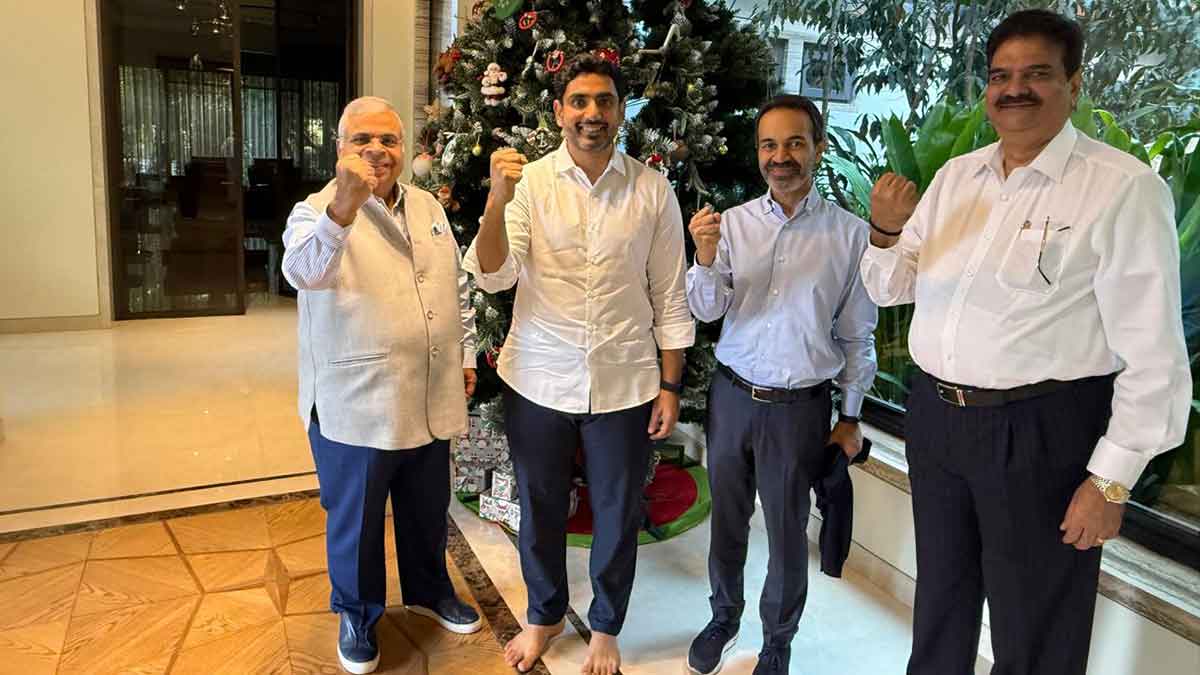 Bringing cheer: Nara Lokesh (second from left) with Ashok Hinduja (to his right), Dheeraj Hinduja (to his left) and R.V. Choudhary of the Hinduja Group.