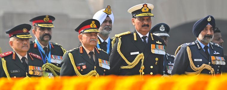 United front: (From left) Chief of Defence Staff General Anil Chauhan, General Upendra Dwivedi, Admiral Dinesh Kumar Tripathi and Air Chief Marshal Amar Preet Singh at Rajghat | Josekutty Panackal