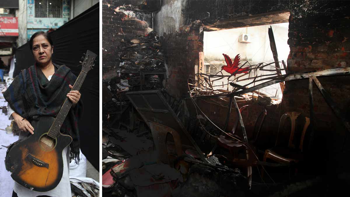 Charred dreams: Udichi, one of Bangladesh’s oldest cultural institutions,  after it was targeted by anti-democratic forces; (left) Tahmina Yasmin Neela, vice president of Udichi | Nazmul Islam