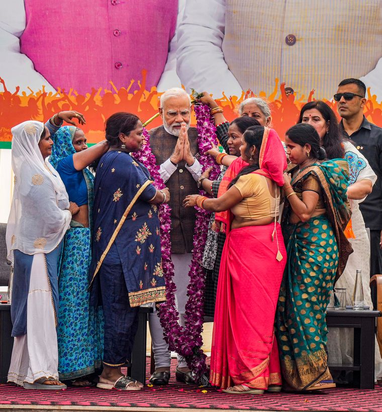 Leading the change: Prime Minister Narendra Modi being felicitated at the BJP headquarters in New Delhi a day after Parliament passed the women’s reservation bill | PTI