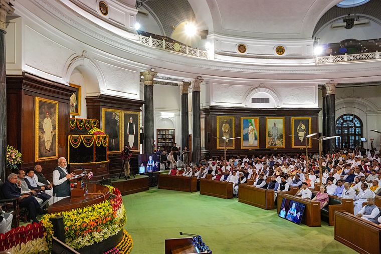 Past perfect: Prime Minister Modi addresses an event commemorating the rich legacy of the Parliament of India at the Central Hall of the old Parliament building on September 19, 2023 | PTI