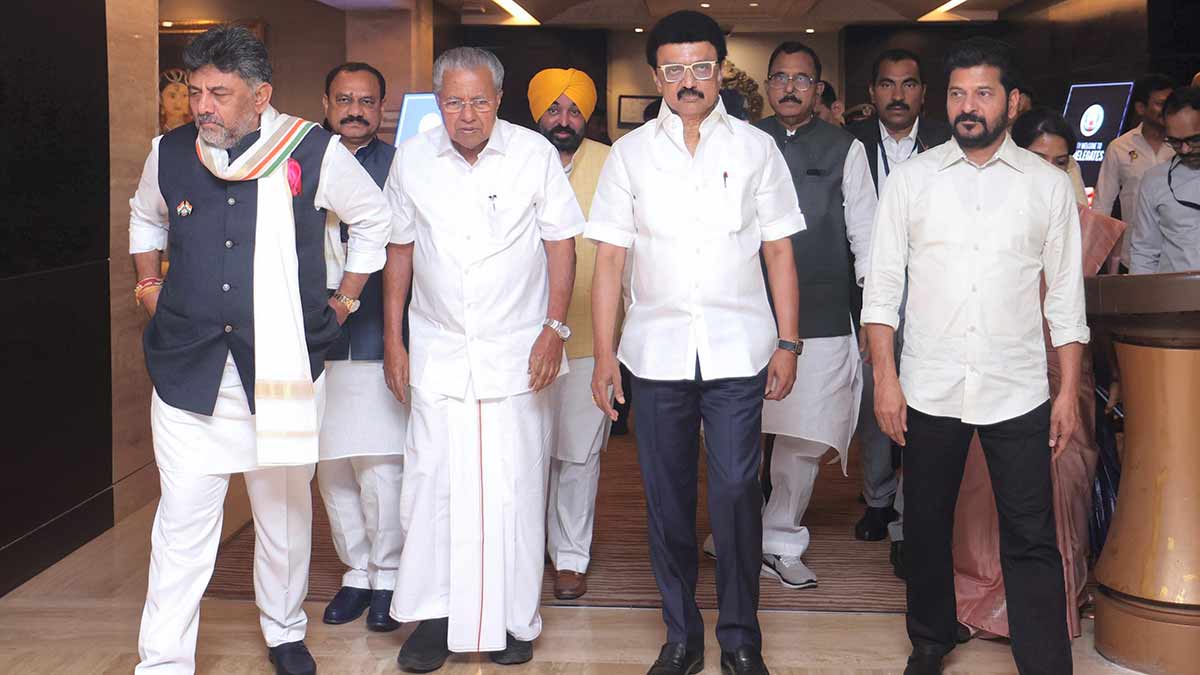 United stand: (From left) Karnataka Deputy Chief Minister D.K. Shivakumar, Chief Ministers Pinarayi Vijayan (Kerala), Bhagwant Mann (Punjab), M.K. Stalin (Tamil Nadu), and Revanth Reddy (Telangana), with others during the first joint action committee meeting | PTI