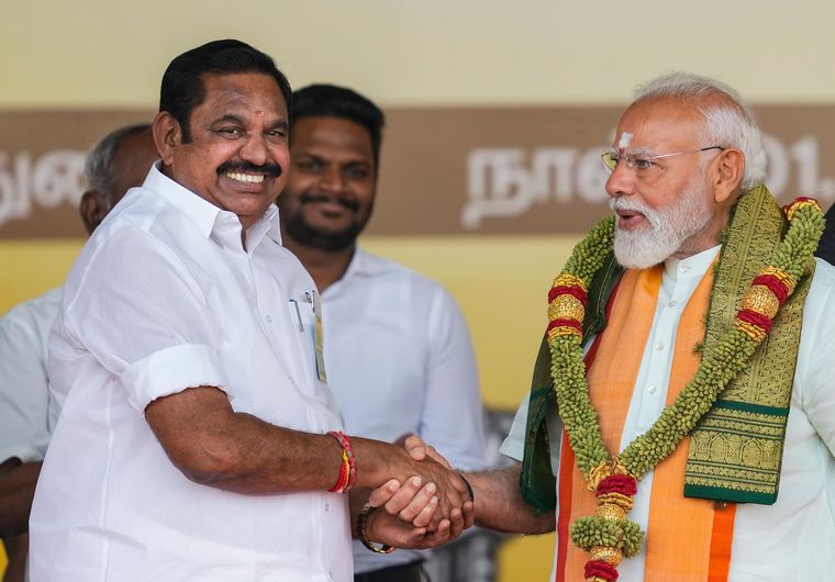 Stronger together: Prime Minister Narendra Modi with AIADMK leader Edappadi K. Palaniswami at a campaign event in Madurai | PTI