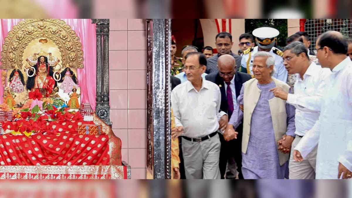 In good faith: Bangladesh’s Chief Adviser Muhammad Yunus with Hindu community members at the Dhakeshwari Temple in Dhaka | PTI