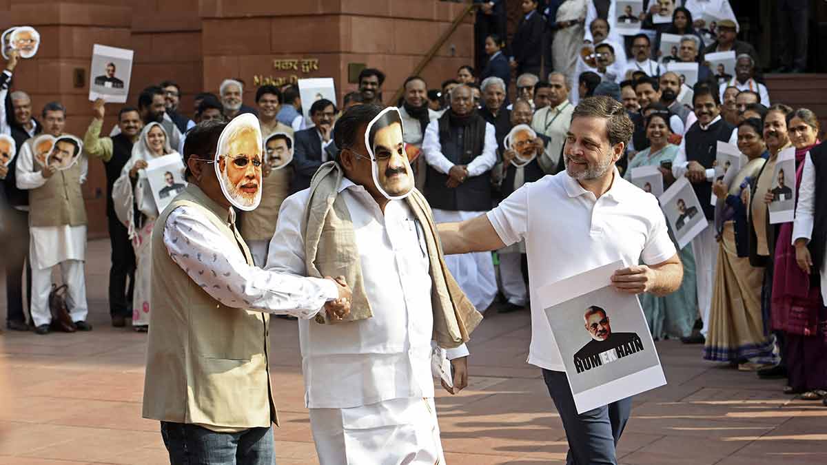 Rahul during a protest seeking a probe into allegations against Gautam Adani | AP