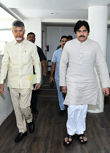Best foot forward: Naidu with Pawan Kalyan, who acted as an intermediary in achieving a breakthrough in alliance talks with the BJP.