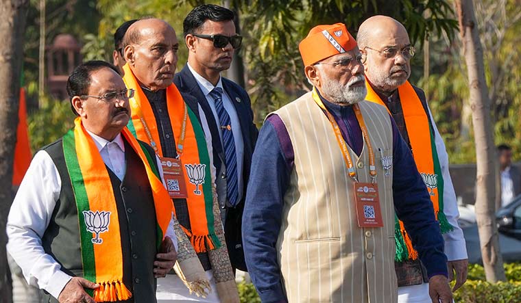 Prime Minister Modi with (from left) BJP president J.P. Nadda and Union Ministers Rajnath Singh and Amit Shah | PTI