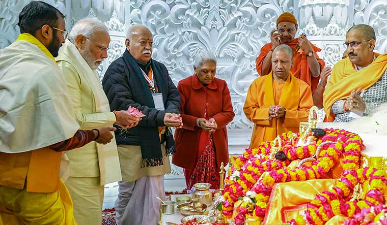 Matter of faith: Modi with (from his left) RSS chief Mohan Bhagwat, Uttar Pradesh Governor Anandiben Patel and Chief Minister Yogi Adityanath | PTI