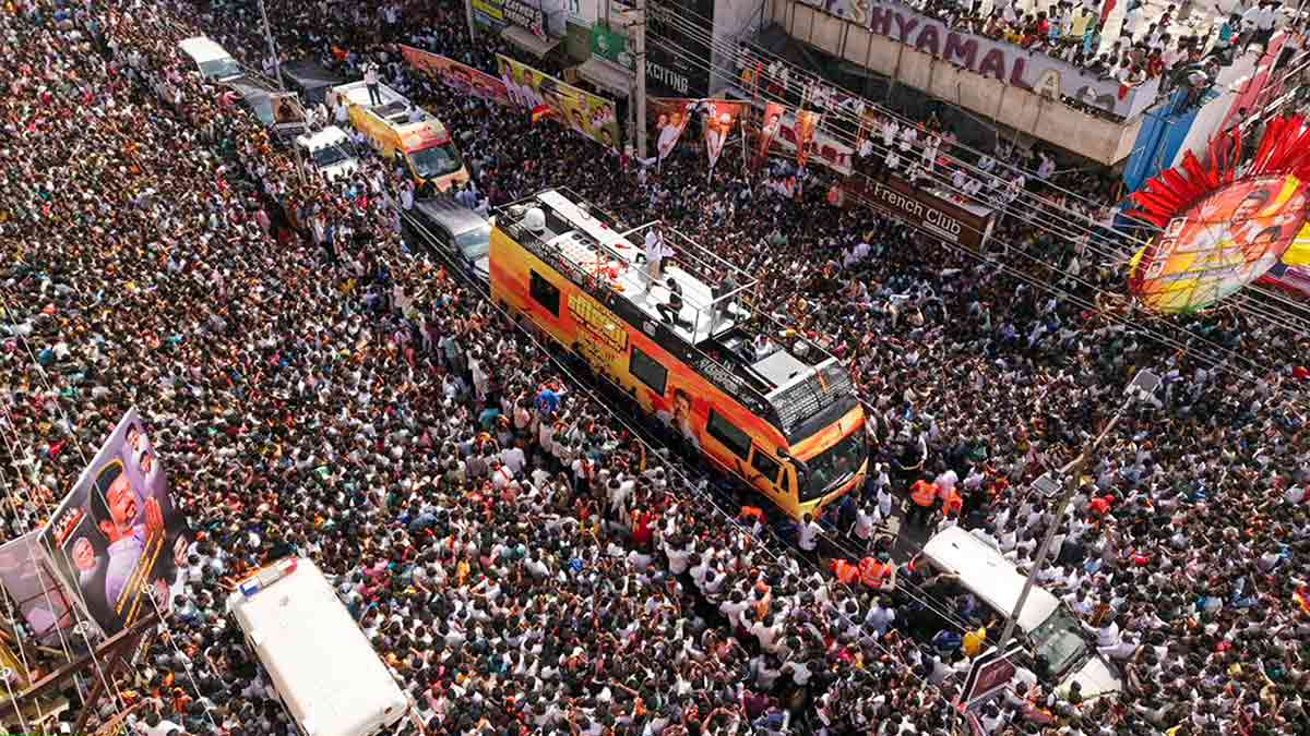 Recipe for disaster: TVK president and actor Vijay addresses a rally in Namakkal, Tamil Nadu on September 27. A stampede at his Karur rally, later the same day, killed 41 people | PTI